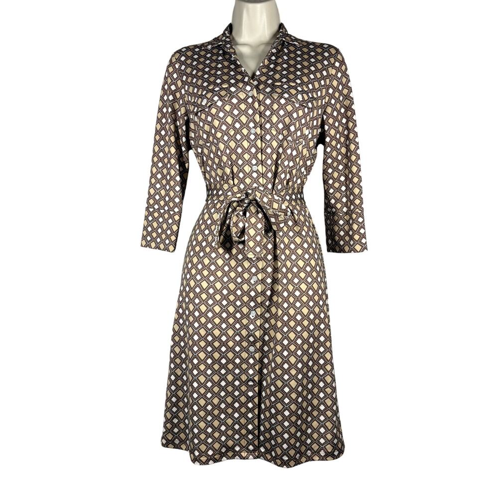 J McLaughlin Geo Print Shirt Dress Smafrt Casual Workwear Olive Cream - XS